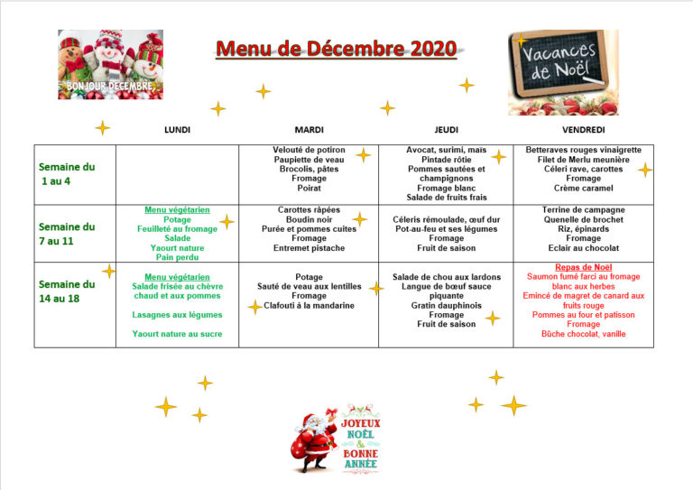 Au menu de la cantine en décembre, repas de Noël le 18 Nohant